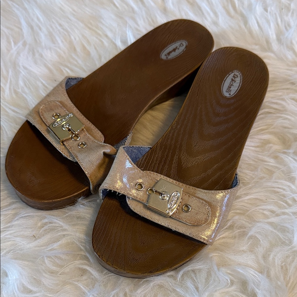 Dr. Scholl’s Metallic Beige Slide Sandals with Buckle Accent
